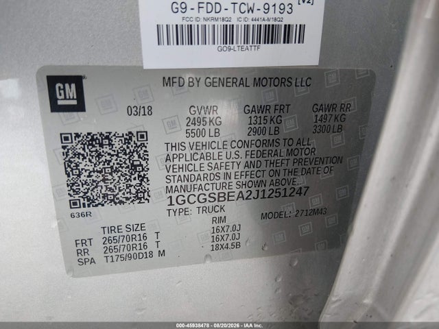 Продажа на аукционе авто 2018 Chevrolet Colorado Wt, vin: 1GCGSBEA2J1251247, номер лота: 45938478