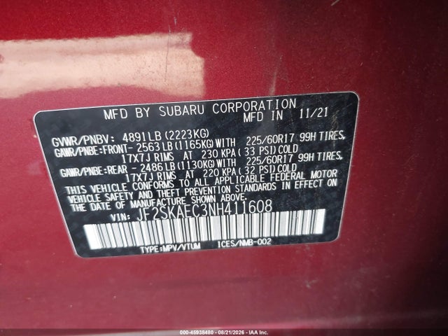 Продаж на аукціоні авто 2022 Subaru Forester Premium, vin: JF2SKAEC3NH411608, номер лоту: 45938480