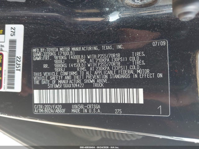 Продаж на аукціоні авто 2010 Toyota Tundra Grade 5.7l V8, vin: 5TFUW5F1XAX104422, номер лоту: 45938484