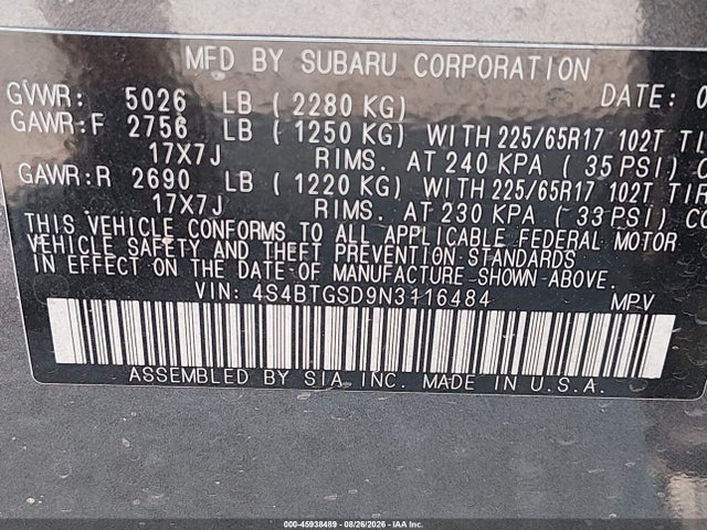 45938489 :رقم المزاد ، 4S4BTGSD9N3116484 vin ، 2022 Subaru Outback Wilderness مزاد بيع