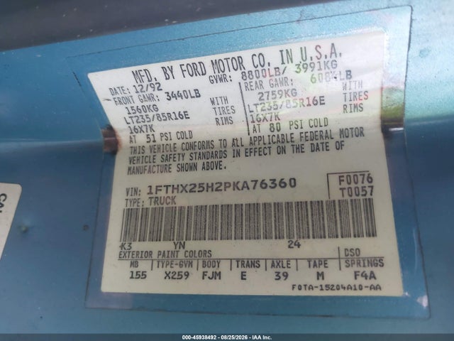Aukcja sprzedaży 1993 Ford F250, vin: 1FTHX25H2PKA76360, numer aukcji: 45938492