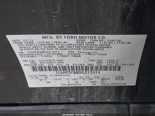 Aukcja sprzedaży 2013 Ford Taurus Limited, vin: 1FAHP2F88DG212414, numer aukcji: 45938494