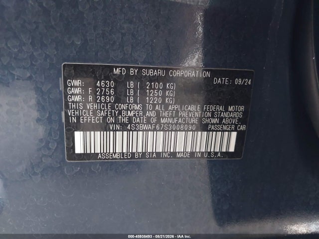 Продаж на аукціоні авто 2025 Subaru Legacy Premium, vin: 4S3BWAF67S3008090, номер лоту: 45938493