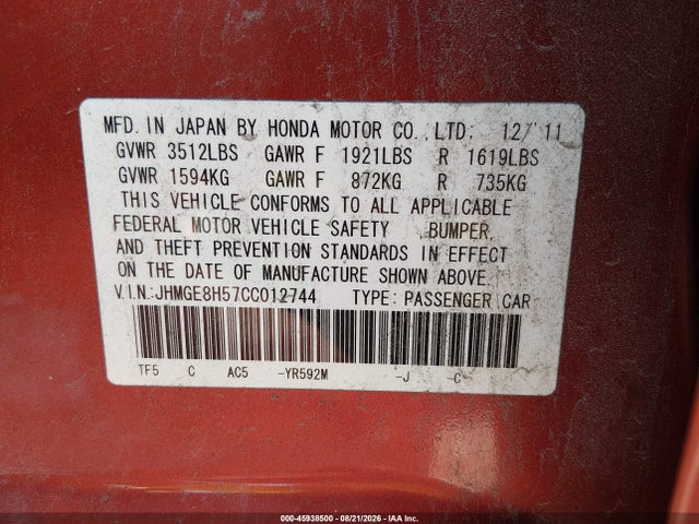 2012 Honda Fit Sport მანქანა იყიდება აუქციონზე, vin: JHMGE8H57CC012744, აუქციონის ნომერი: 45938500