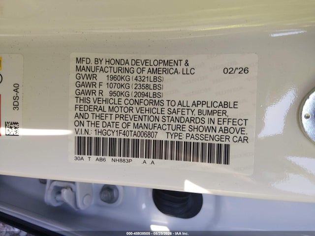 Продаж на аукціоні авто 2026 Honda Accord Se, vin: 1HGCY1F40TA006807, номер лоту: 45938505