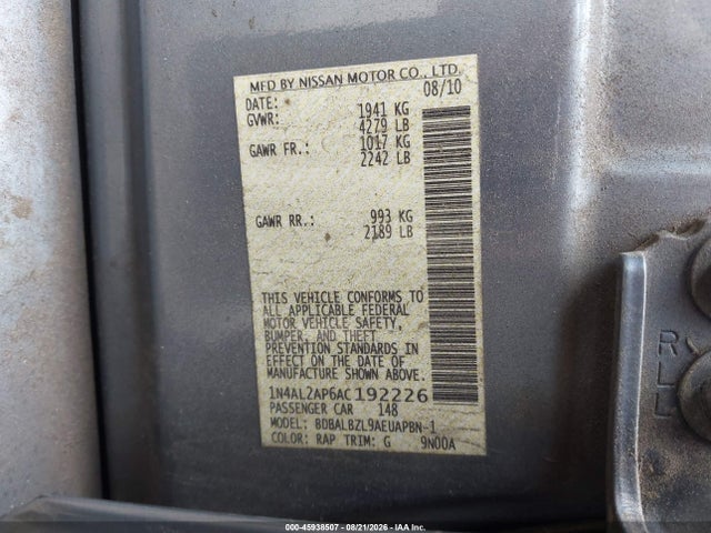 Продаж на аукціоні авто 2010 Nissan Altima 2.5 S, vin: 1N4AL2AP6AC192226, номер лоту: 45938507
