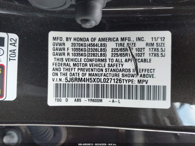 2013 Honda Cr-v Ex მანქანა იყიდება აუქციონზე, vin: 5J6RM4H5XDL027126, აუქციონის ნომერი: 45938513