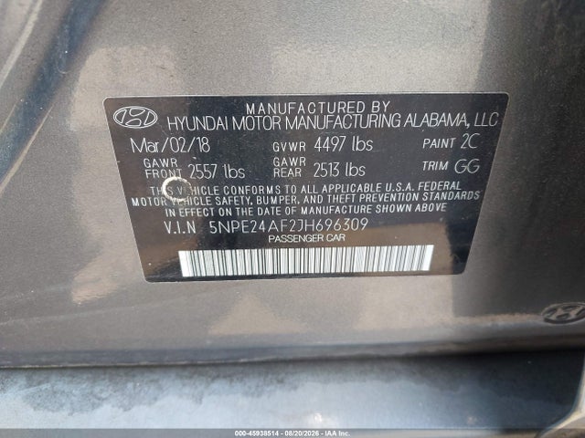 Aukcja sprzedaży 2018 Hyundai Sonata Se, vin: 5NPE24AF2JH696309, numer aukcji: 45938514