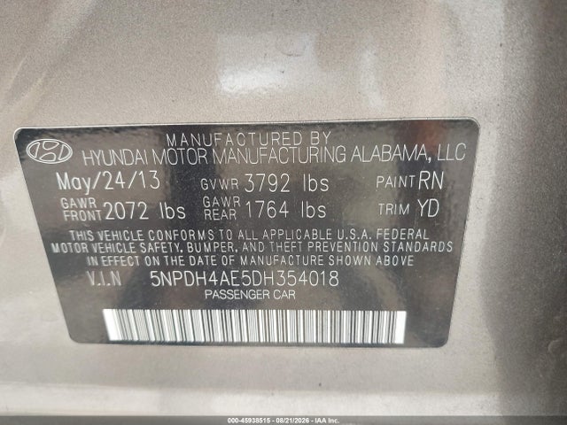 2013 Hyundai Elantra Gls მანქანა იყიდება აუქციონზე, vin: 5NPDH4AE5DH354018, აუქციონის ნომერი: 45938515