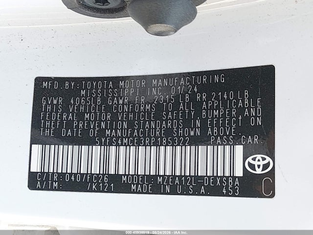 45938519 :رقم المزاد ، 5YFS4MCE3RP185322 vin ، 2024 Toyota Corolla Se مزاد بيع