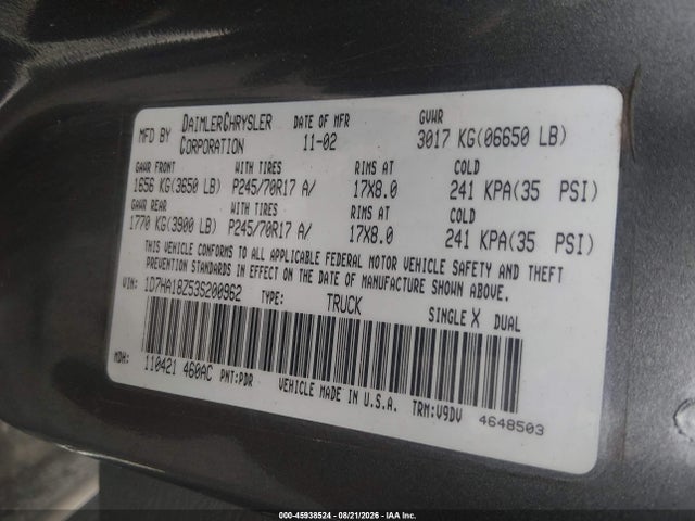 45938524 :رقم المزاد ، 1D7HA18Z53S200962 vin ، 2003 Dodge Ram 1500 Slt/laramie/st مزاد بيع
