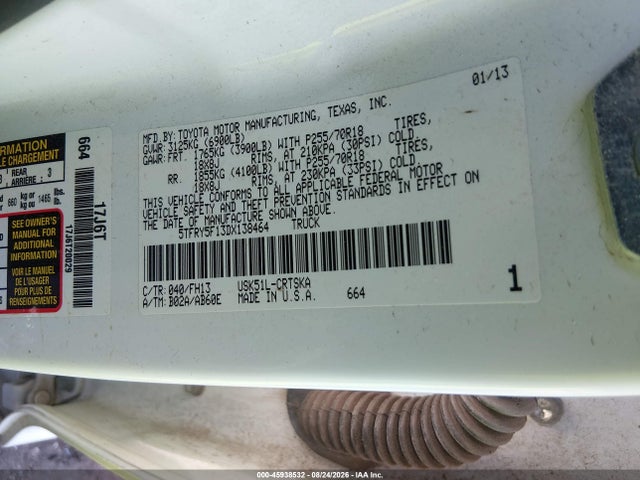 45938532 :رقم المزاد ، 5TFRY5F13DX138464 vin ، 2013 Toyota Tundra Grade 5.7l V8 مزاد بيع
