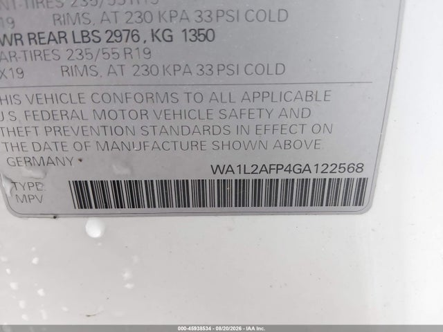 45938534 :رقم المزاد ، WA1L2AFP4GA122568 vin ، 2016 Audi Q5 2.0t Premium مزاد بيع