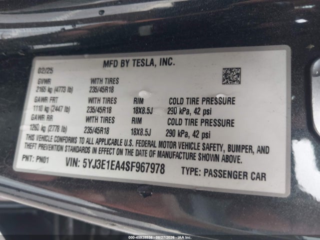2025 Tesla Model 3 Long Range Rear-wheel Drive/standard Rear-wheel Drive მანქანა იყიდება აუქციონზე, vin: 5YJ3E1EA4SF967978, აუქციონის ნომერი: 45938536