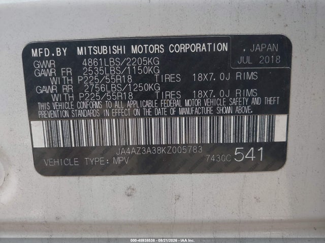 45938538 :رقم المزاد ، JA4AZ3A38KZ005783 vin ، 2019 Mitsubishi Outlander Se مزاد بيع