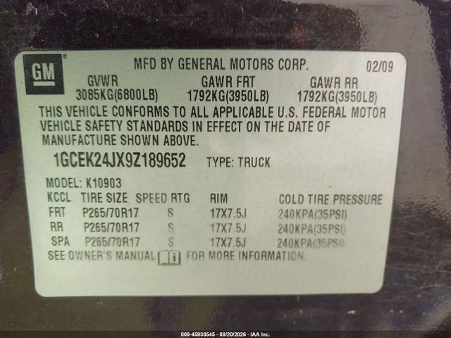 Продажа на аукционе авто 2009 Chevrolet Silverado 1500 Lt, vin: 1GCEK24JX9Z189652, номер лота: 45938545