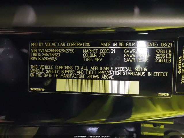 Aukcja sprzedaży 2022 Volvo Xc40 T4 R-design, vin: YV4AC2HM8N2642750, numer aukcji: 45938547