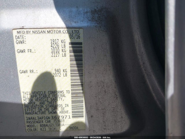 Продаж на аукціоні авто 2016 Nissan Altima 2.5/2.5 S/2.5 Sl/2.5 Sr/2.5 Sv, vin: 1N4AL3AP1GN367971, номер лоту: 45938553