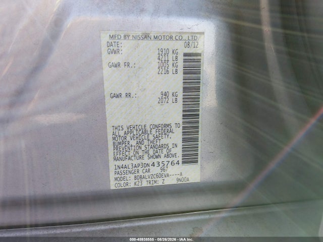 2013 Nissan Altima 2.5 Sl მანქანა იყიდება აუქციონზე, vin: 1N4AL3AP3DN435764, აუქციონის ნომერი: 45938555
