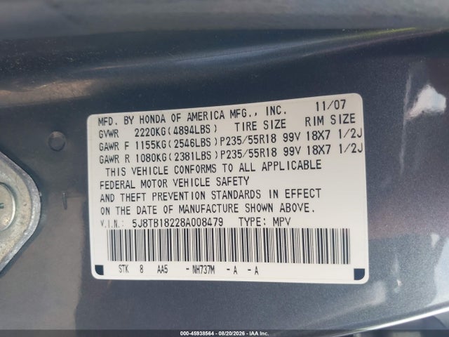 45938564 :رقم المزاد ، 5J8TB18228A008479 vin ، 2008 Acura Rdx مزاد بيع