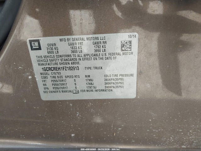 Продаж на аукціоні авто 2015 Chevrolet Silverado 1500 Lt, vin: 1GCRCREH1FZ182913, номер лоту: 45938569