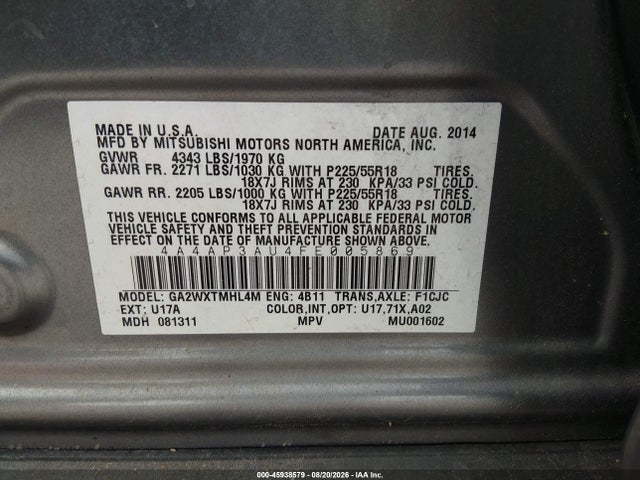 Aukcja sprzedaży 2015 Mitsubishi Outlander Sport Es, vin: 4A4AP3AU4FE005869, numer aukcji: 45938579