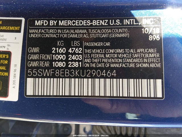 2019 Mercedes-benz C 300 4matic მანქანა იყიდება აუქციონზე, vin: 55SWF8EB3KU290464, აუქციონის ნომერი: 45938582