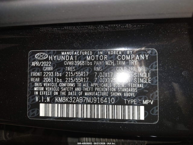 Продажа на аукционе авто 2022 Hyundai Kona Sel, vin: KM8K32AB7NU916410, номер лота: 45938583