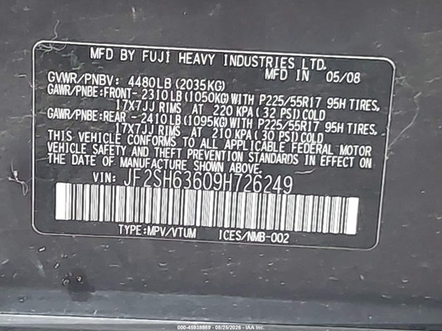 Aukcja sprzedaży 2009 Subaru Forester 2.5x, vin: JF2SH63609H726249, numer aukcji: 45938589