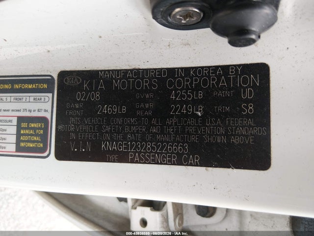45938599 :رقم المزاد ، KNAGE123285226663 vin ، 2008 Kia Optima Ex مزاد بيع