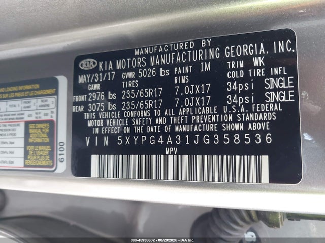 5XYPG4A31JG358536 KIA Sorento 2.4l Lx