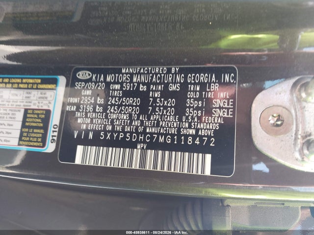 45938611 :رقم المزاد ، 5XYP5DHC7MG118472 vin ، 2021 Kia Telluride Sx مزاد بيع