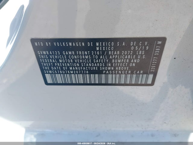Продаж на аукціоні авто 2019 Volkswagen Jetta 1.4t R-line/1.4t S/1.4t Se, vin: 3VWC57BU7KM207778, номер лоту: 45938617