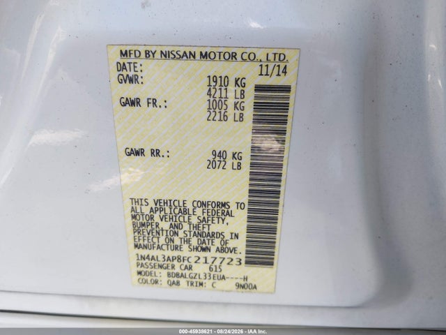 Продаж на аукціоні авто 2015 Nissan Altima 2.5 S, vin: 1N4AL3AP8FC217723, номер лоту: 45938621