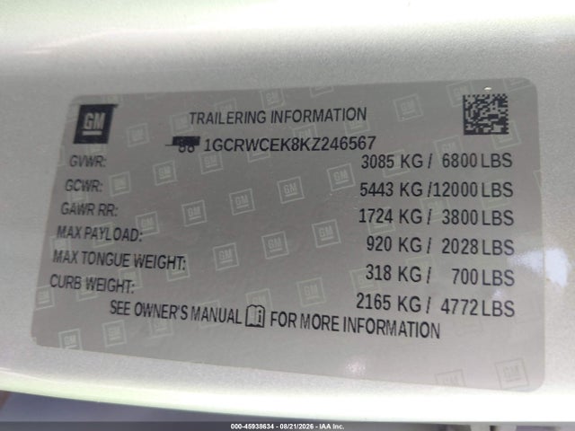 45938634 :رقم المزاد ، 1GCRWCEK8KZ246567 vin ، 2019 Chevrolet Silverado 1500 Lt مزاد بيع