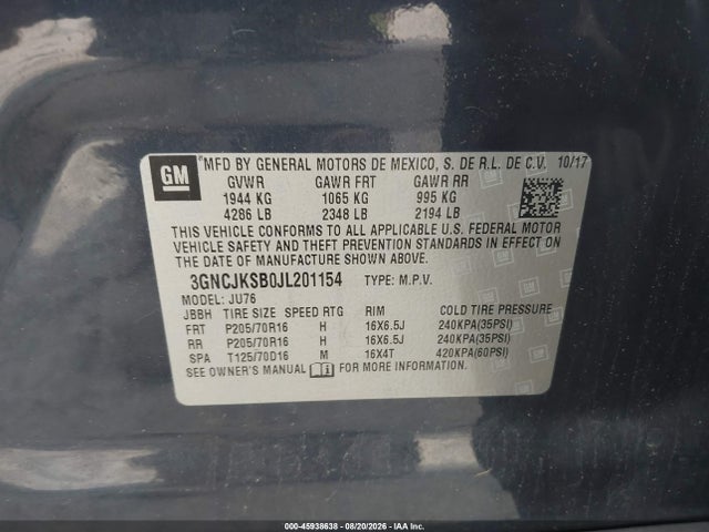 45938638 :رقم المزاد ، 3GNCJKSB0JL201154 vin ، 2018 Chevrolet Trax Ls مزاد بيع
