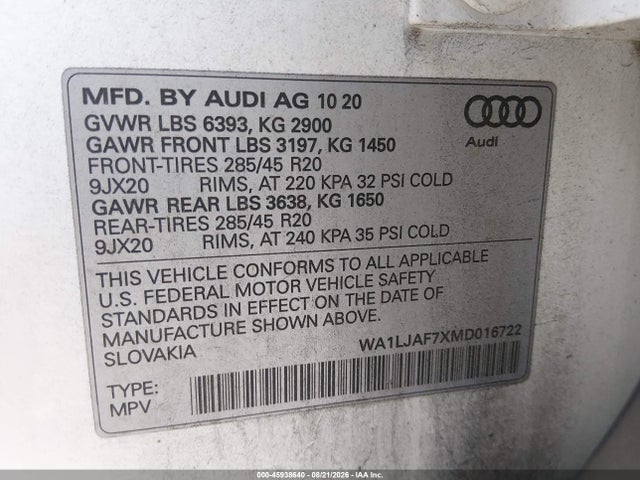 Продажа на аукционе авто 2021 Audi Q7 Premium Plus 45 Tfsi Quattro Tiptronic, vin: WA1LJAF7XMD016722, номер лота: 45938640