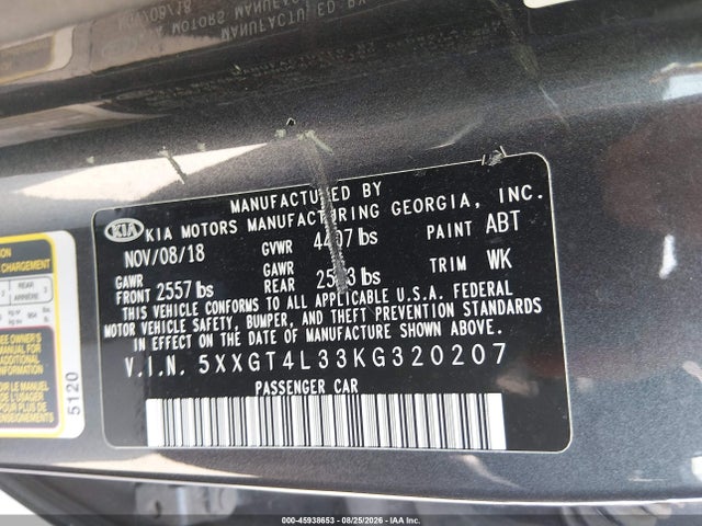 Aukcja sprzedaży 2019 Kia Optima Lx, vin: 5XXGT4L33KG320207, numer aukcji: 45938653