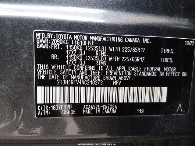 2022 Toyota Rav4 Le მანქანა იყიდება აუქციონზე, vin: 2T3H1RFV4NC210273, აუქციონის ნომერი: 45938655