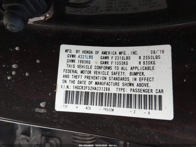 Продаж на аукціоні авто 2017 Honda Accord Sport, vin: 1HGCR2F52HA031288, номер лоту: 45938658