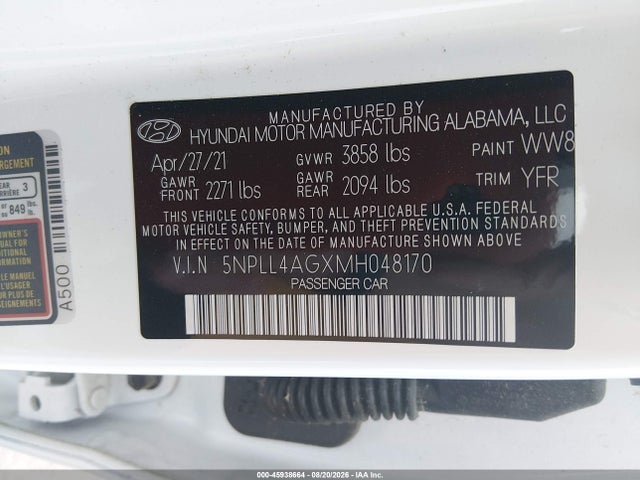 45938664 :رقم المزاد ، 5NPLL4AGXMH048170 vin ، 2021 Hyundai Elantra Se مزاد بيع