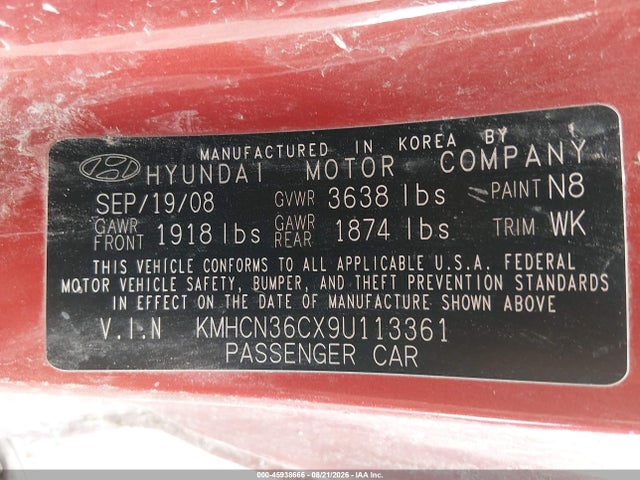 2009 Hyundai Accent Se მანქანა იყიდება აუქციონზე, vin: KMHCN36CX9U113361, აუქციონის ნომერი: 45938666