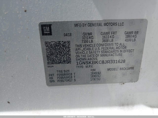 Продаж на аукціоні авто 2018 Chevrolet Tahoe Lt, vin: 1GNSKBKC8JR331628, номер лоту: 45938678