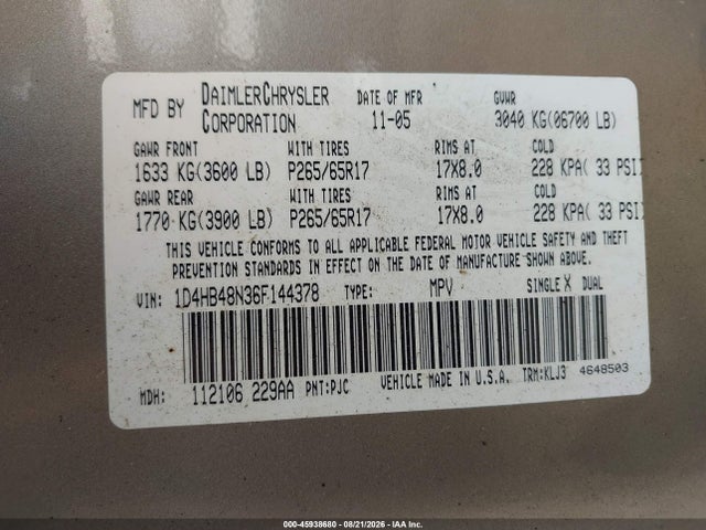 Продаж на аукціоні авто 2006 Dodge Durango Slt, vin: 1D4HB48N36F144378, номер лоту: 45938680