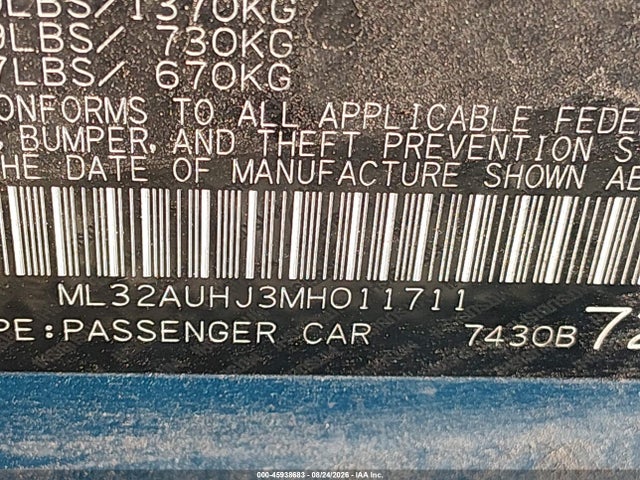 45938683 :رقم المزاد ، ML32AUHJ3MH011711 vin ، 2021 Mitsubishi Mirage Carbonite Edition/es/le مزاد بيع
