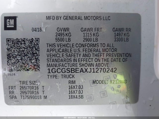 Продажа на аукционе авто 2018 Chevrolet Colorado Wt, vin: 1GCGSBEAXJ1270242, номер лота: 45938685
