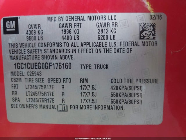Продажа на аукционе авто 2016 Chevrolet Silverado 2500hd Work Truck, vin: 1GC1CUEG0GF176160, номер лота: 45938686