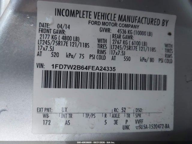 2015 Ford F-250 Xl მანქანა იყიდება აუქციონზე, vin: 1FD7W2B64FEA24335, აუქციონის ნომერი: 45938689