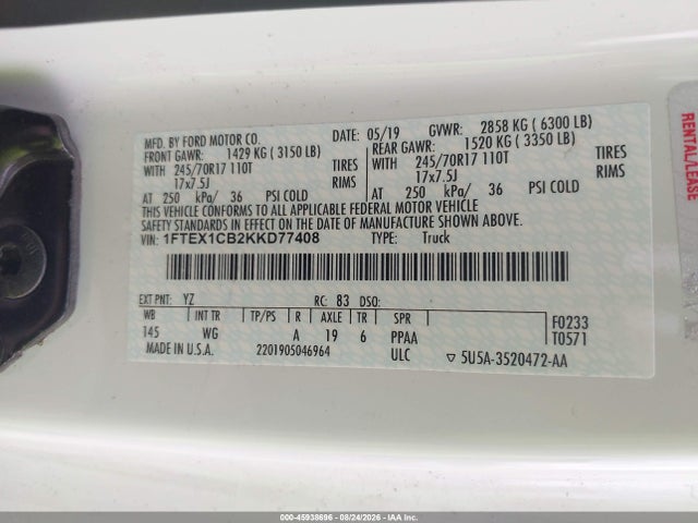 Продаж на аукціоні авто 2019 Ford F-150 Xl, vin: 1FTEX1CB2KKD77408, номер лоту: 45938696