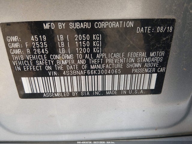 Aukcja sprzedaży 2019 Subaru Legacy 2.5i Premium, vin: 4S3BNAF66K3004065, numer aukcji: 45938706